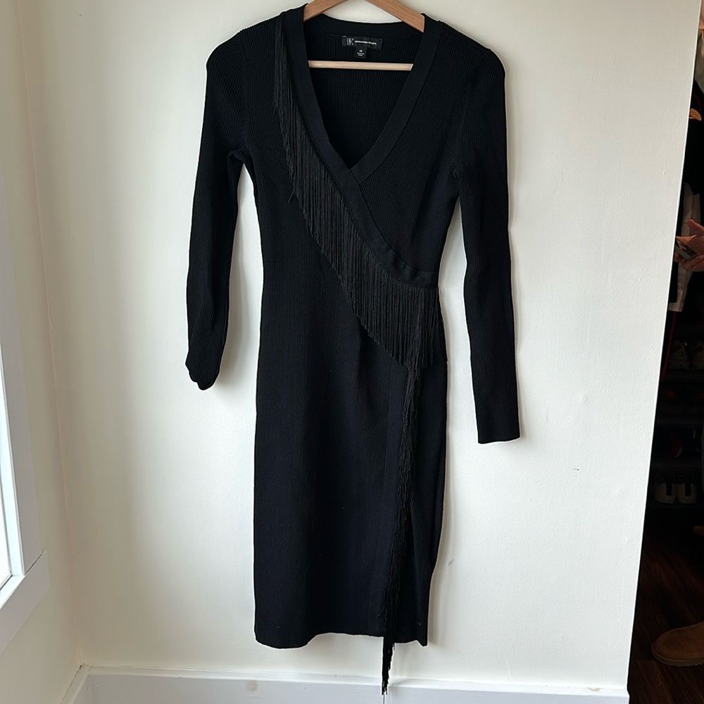 INC Black V-Neck Fringe Dress